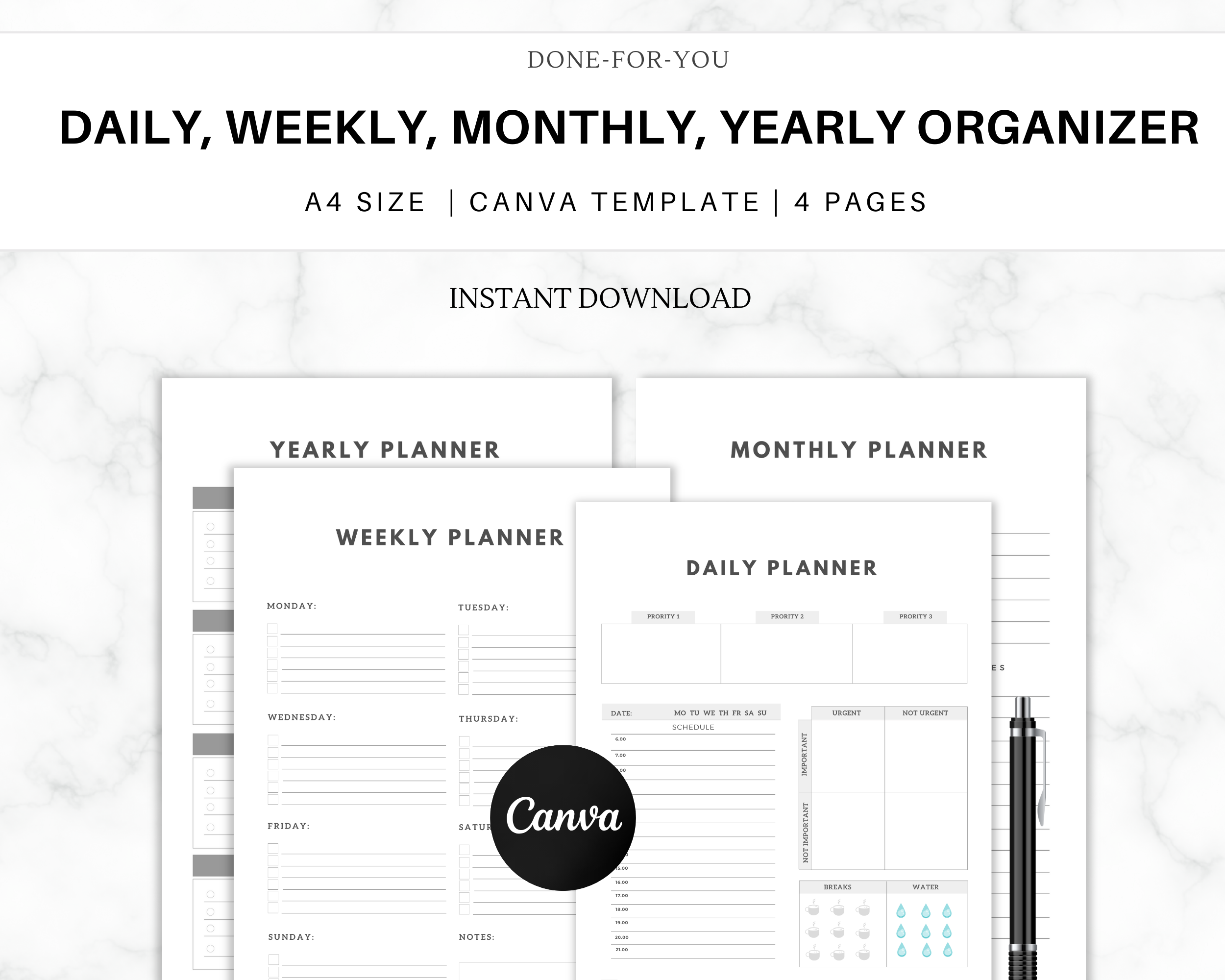 Daily Planner | Weekly Planner | Monthly Organizer | Yearly Organizer | Canva Template A4