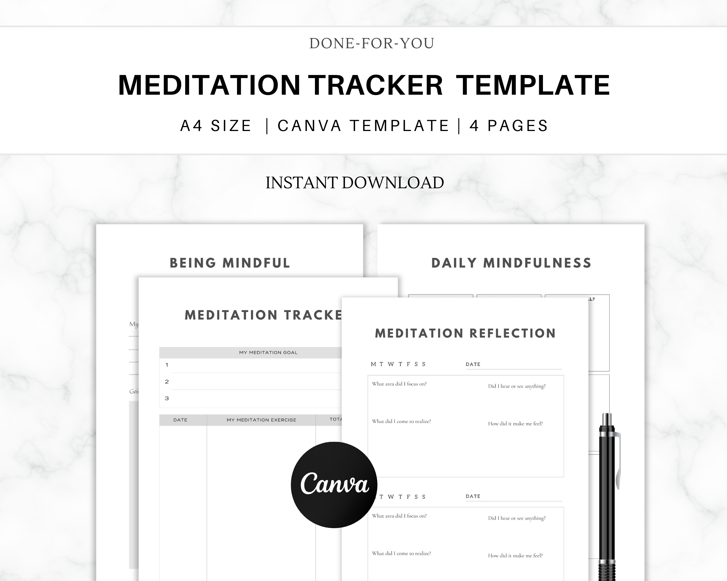 Meditation Tracker, Canva Template, Instant Download