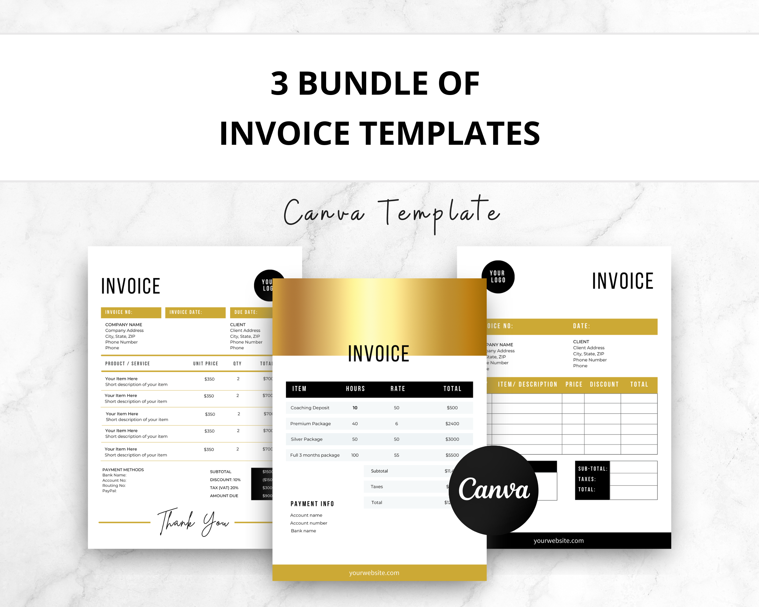 Bundle of 3 Editable Gold Invoice Templates