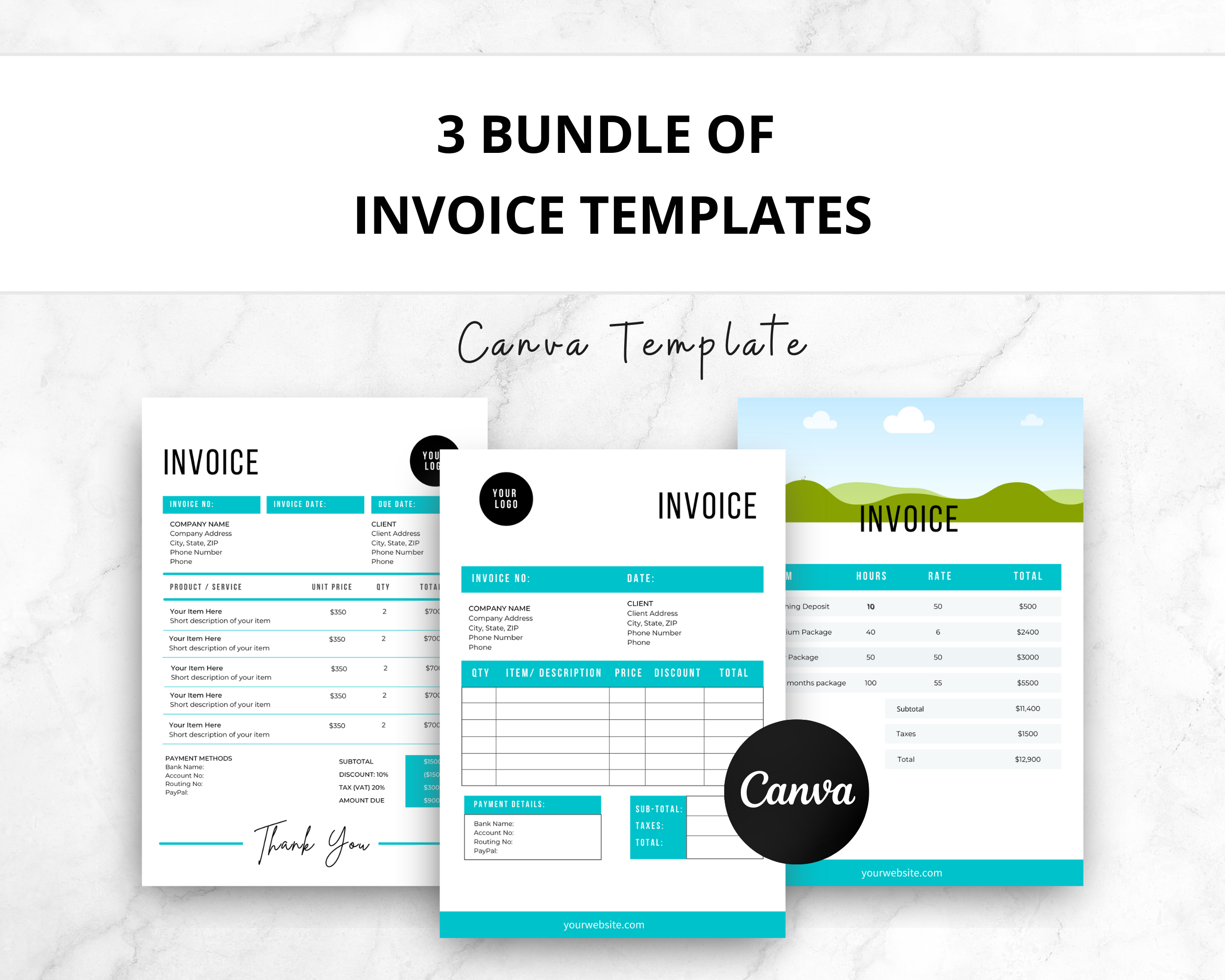 Bundle of 3 Editable Green Invoice Templates