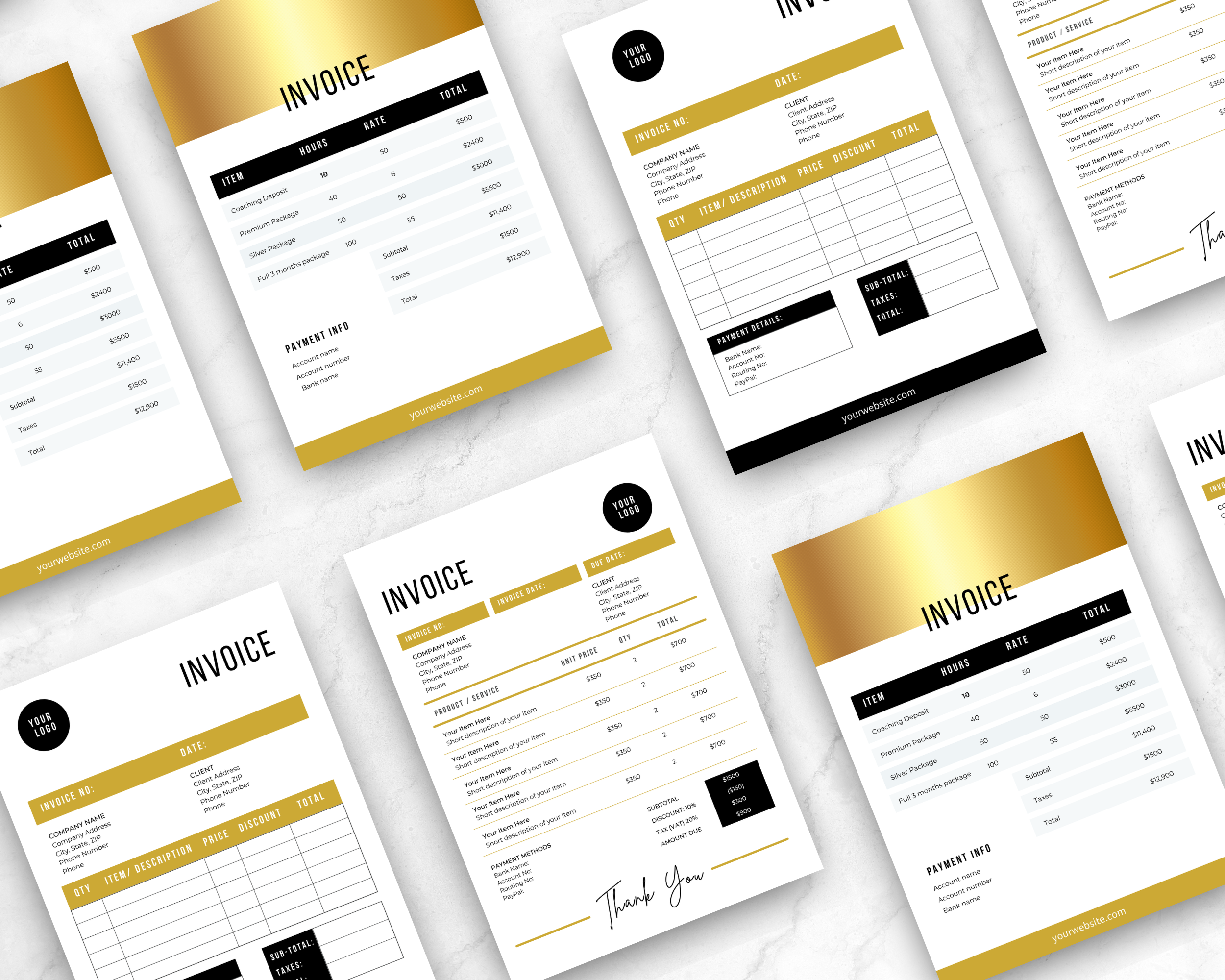 Bundle of 3 Editable Gold Invoice Templates