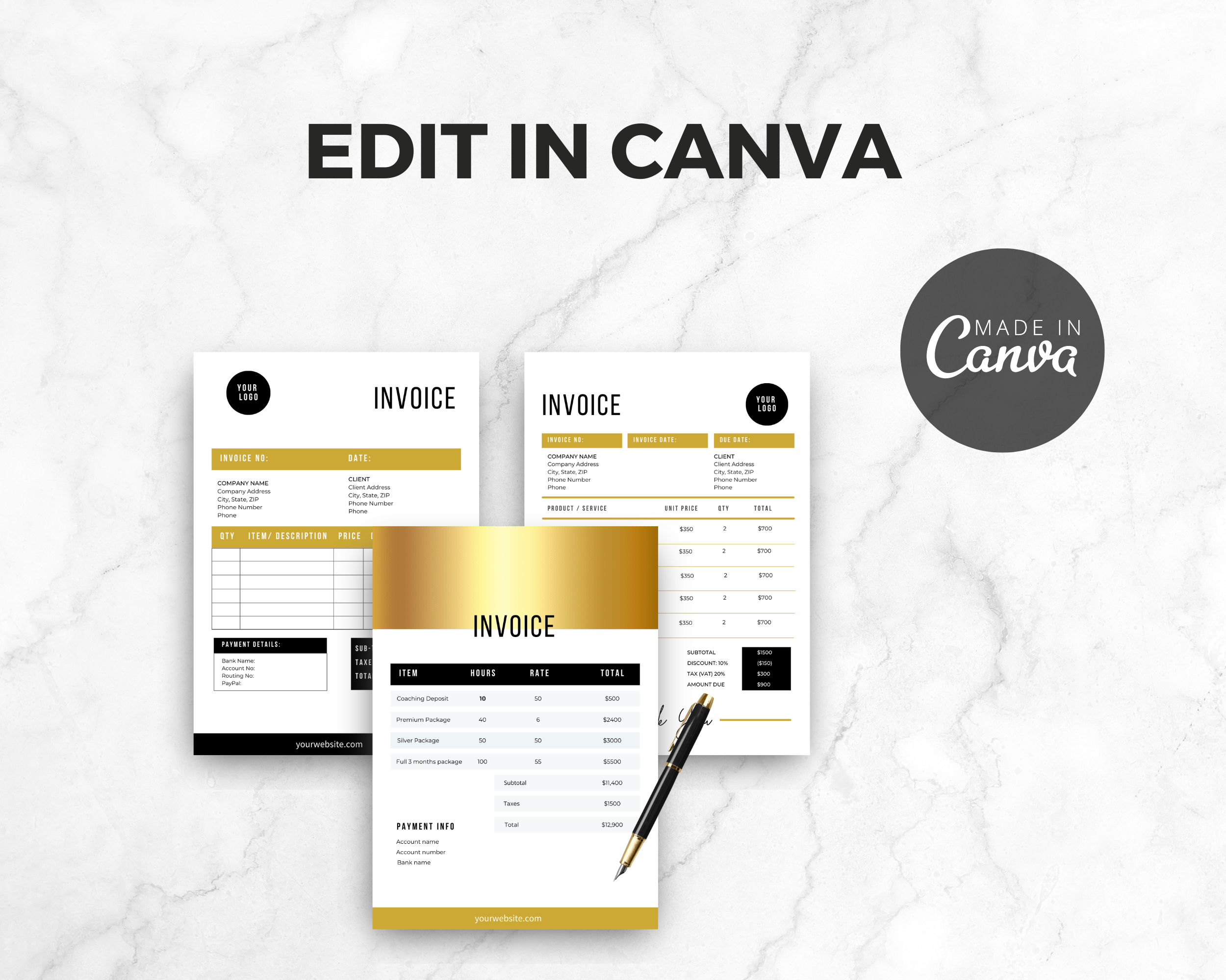 Bundle of 3 Editable Gold Invoice Templates